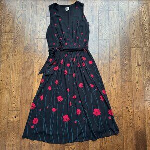 Anne Klein Women's Printed Chiffon Black Red Floral V Neck Midi Dress Sleeveless